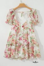 White Floral Print Sweetheart Neck Bubble Sleeve Ruffle Mini Dress - Image 9