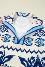 Blue Ethnic Print Pop of Color Neckline Long Sleeve Dress - Image 11