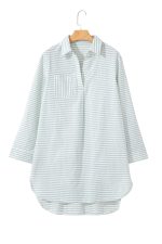 White Stripe Collared V Neck Chest Pocket Long Sleeve Beach Cover up - Image 14