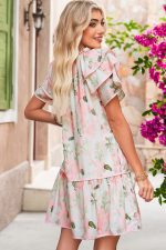 Pink Floral Contrast Edge Ruffle Sleeve Tie Neck Mini Dress - Image 2