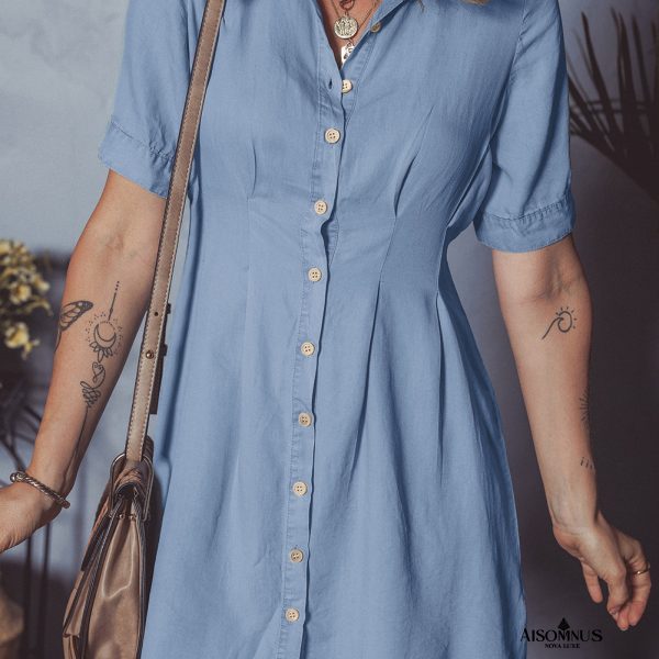 Myosotis Pleated High Waist Short Sleeve Shirt Dress