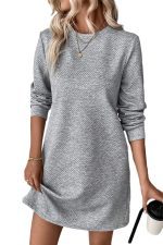 Gray Solid Color Textured Long Sleeve Shift Short Dress - Image 8