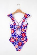 Blue Floral Ruffle Trim V Neck Backless One Piece Swimsuit - Image 5