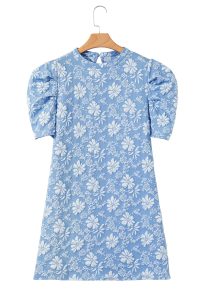 Sky Blue Floal Jacquard Elegant Mini Dress - Image 13