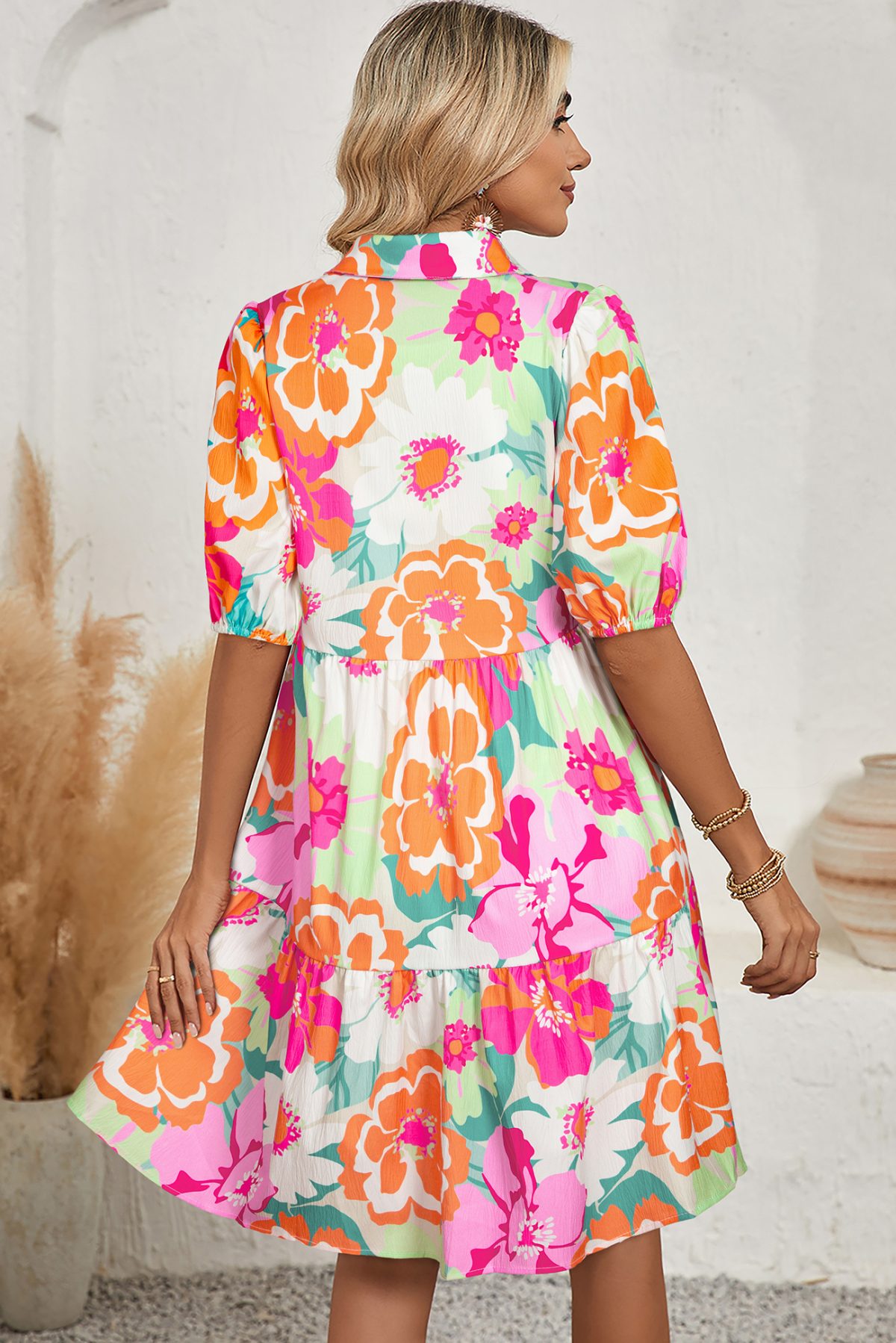 Pink Floral Puff Sleeve Collar Buttoned Babydoll Dress - Image 2