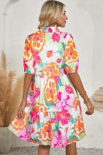 Pink Floral Puff Sleeve Collar Buttoned Babydoll Dress - Image 2