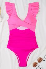 Rose Red Color Block Cut Out Criss Cross One Piece Swimsuit - Image 2