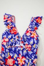 Blue Floral Ruffle Trim V Neck Backless One Piece Swimsuit - Image 17