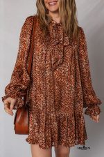 Brown Leopard Print Tie Neck Loose Fit Mini Dress - Image 5