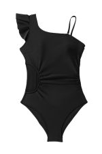 Black Asymmetric Ruffle Shoulder Ruched One Piece Swimsuit - Image 20
