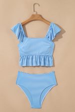 Sky Blue Striped Ruffled Shoulder Peplum Top 2 Piece Tankinis - Image 4