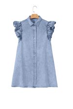 Beau Blue Ruffle Sleeve Button Down A-line Mini Denim Dress - Image 16
