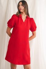 Fiery Red V Neck Puff Sleeve Textured Mini Dress - Image 8