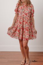 Multicolour Floral Print Frilled Neck Puff Sleeve High Waist Dress - Image 7