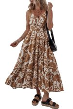 Khaki Floral Shirred High Waist Spaghetti Straps Maxi Dress - Image 15