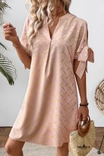 Apricot Pink Geometric Print Knot Sleeve V Neck Mini Dress