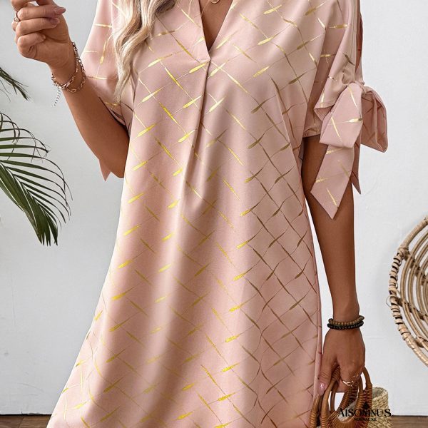 Apricot Pink Geometric Print Knot Sleeve V Neck Mini Dress