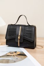 Black Textured Leather Buckle Chain Shoulder Bag - Image 7