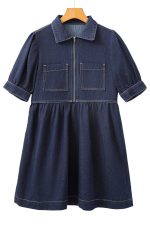 Dirty Blue Puff Sleeve Half Zipper Denim Flowy Dress - Image 17