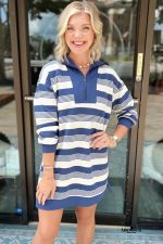 Blue Striped Zipper Collar Long Sleeve Mini Dress - Image 2
