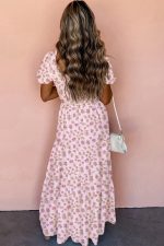 Pink Frill Neckline Shirred Bodice Floral Maxi Dress - Image 2