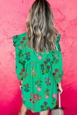 Green Floral Print Ruffle Three Quarter Sleeve Buttoned Mini Dress - Image 2
