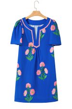 Blue Striped Trim Short Sleeve Split Neck Floral Mini Dress - Image 13