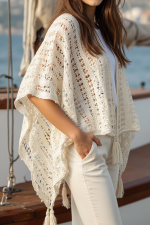 Beige Solid Color Tassel Open Front Knit Cover Up - Image 3