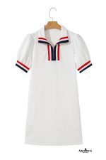 White Pop of Color Neckline Plaid Textured Puff Sleeve Mini Dress - Image 13