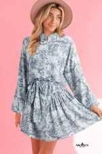 Gray Tropical Floral Print Button Front Belted Mini Dress - Image 3