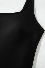 Black Side Tied Waist Square Neck Adjustable Straps A Line One Piece Swim Dress - Image 10
