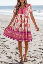 Rose Boho Floral Short Sleeve Tie V Neck Mini Dress - Image 10