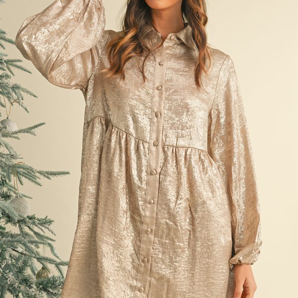 Apricot Metallic Sheen Puff Sleeve Button Up Mini Shirt Dress