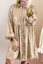 Apricot Metallic Sheen Puff Sleeve Button Up Mini Shirt Dress - Image 9