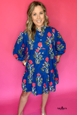 Blue Floral Print Button Front 3/4 Puff Sleeve Ruffle Hem Dress - Image 6