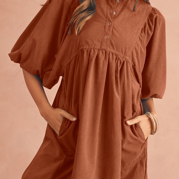 Gold Flame Light Snap Button Empire Waist Lantern Sleeve Corduroy Dress