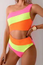 Multicolour Color Block One Shoulder One-piece Swimwear