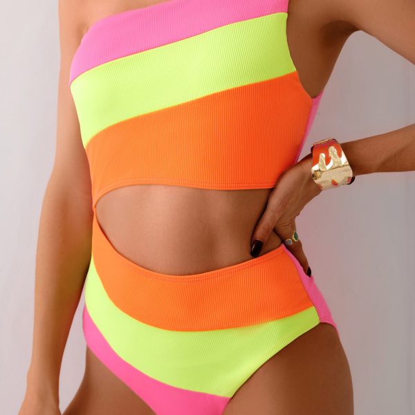 Multicolour Color Block One Shoulder One-piece Swimwear