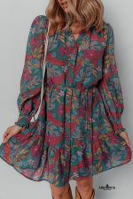Green Floral Frill V Neck Puff Sleeve Ruffle Mini Dress - Image 6
