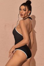 Black Hollow Out Backless Deep V Neck One Piece Swimsuit - Image 2