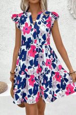 Rose Floral Print Notched Neck Flutter Sleeve Mini Dress - Image 3