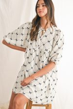 White Sweet Bow Print Lantern Sleeve Mini Dress - Image 3