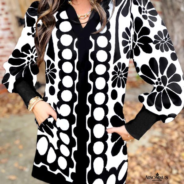 Black Abstract Print V Neck Puff Sleeve Mini Dress