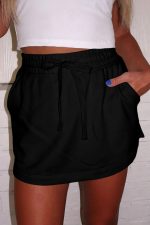 Black French Terry Drawstring Mini Skort with Pockets - Image 3