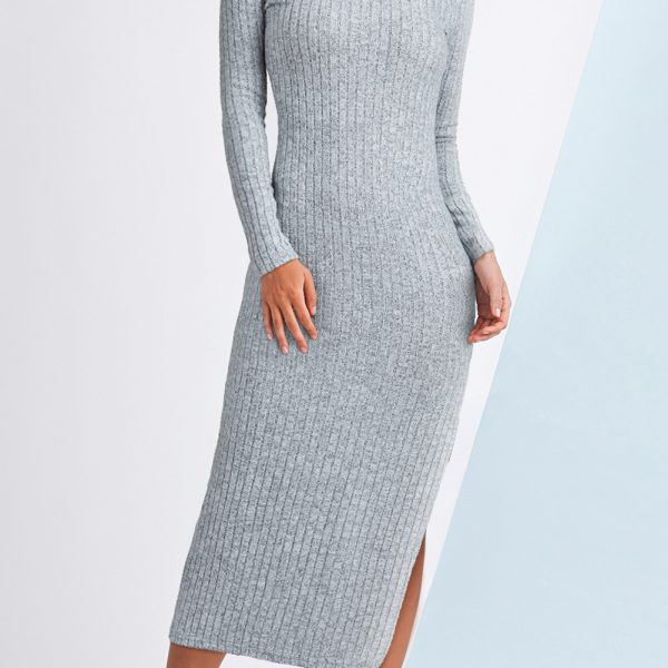 Gray Long-sleeved Round Neck Slit Knit Midi Dress