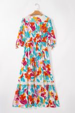 Rose Red Floral Knot Puff Sleeve V Neck Buttoned Front Split Lace Maxi Dress - Image 8