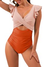 Orange Color Block Cut Out Criss Cross One Piece Swimsuit - Image 4