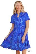 Blue Floral Print Ruffle Hem V Neck Flowy Mini Dress - Image 13