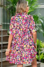Pink Floral Puff Short Sleeve V Neck Mini Dress - Image 2