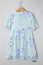 Sky Blue Leopard Bow Front Puff Sleeve Mini Dress - Image 4